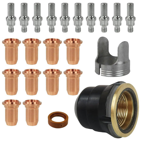 Top Notch 23 Piece IPT60 Plasma Cutter Consumables Kit For CUT55 And CUT60 Non Hf Models With 40 To 50 Amp Current showing copper nozzles and accessory parts.