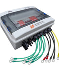 Tough Hybrid Solar Wind Power Controller With Lightning Protection And Hella Reliable Surge Guards For Zero Hassle Off Grid Battery Charging, close-up of charge controller with wiring.