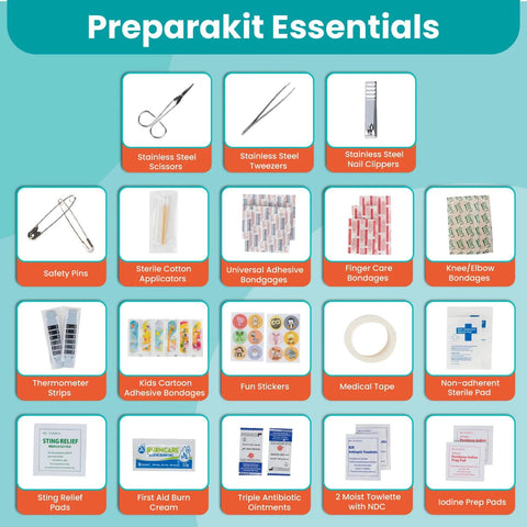 PreparaKit Essentials travel kids' first aid kit, 75-piece teal set with scissors, bandages, and ointments