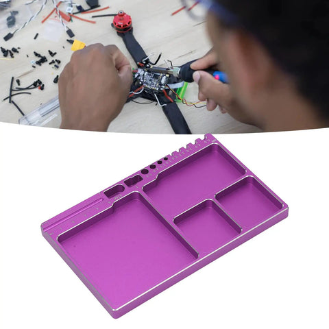 Magnetic Aluminum Screw Tray for RC Repairs and Maintenance holds screws nuts and washers, shown with purple aluminum compartments