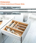 4 Pair 15 Inch Undermount Soft Close Drawer Slides With Full Extension Concealed Bottom Mount Built Heavy Duty With A 100 Lb Rock Solid Hold featuring installed drawer with silverware and utensils.