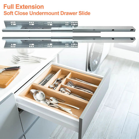 4 Pair 15 Inch Undermount Soft Close Drawer Slides With Full Extension Concealed Bottom Mount Built Heavy Duty With A 100 Lb Rock Solid Hold featuring installed drawer with silverware and utensils.