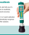 Hand holding waterproof pH meter kit with flat surface electrode and temperature display, 4.5 inch stainless steel probe visible