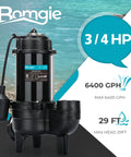3/4 HP Submersible Sewage Pump With 6400 GPH, Basement Sump Ejector, Auto Float Switch, Cast Iron Housing, 120V on display