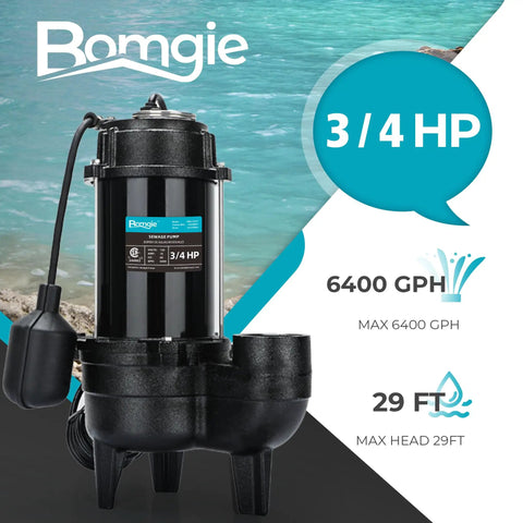 3/4 HP Submersible Sewage Pump With 6400 GPH, Basement Sump Ejector, Auto Float Switch, Cast Iron Housing, 120V on display