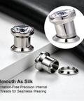 316L Stainless Steel Screw In Ear Tunnels With AAA Plus Cubic Zirconia Gems Sparkling Gauges That Look Dope For Everyday Wear Or Special Occasions Hypoallergenic Piercing Jewelry That Stays Comfortable And Secure. internal thread, silver finish