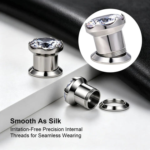 316L Stainless Steel Screw In Ear Tunnels With AAA Plus Cubic Zirconia Gems Sparkling Gauges That Look Dope For Everyday Wear Or Special Occasions Hypoallergenic Piercing Jewelry That Stays Comfortable And Secure. internal thread, silver finish