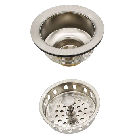 Combo Pack Must Have Post Style Large Kitchen Sink Basket Strainer and Waste Disposal Flange with Basket Strainer for Three and a Half Inch Openings Solid Brass Basket Strainer with Stainless Steel Flange Fits Most Disposals shown