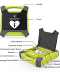 AED trainer device in lime green with a black cover, lid open, showing control panel and labeled buttons.