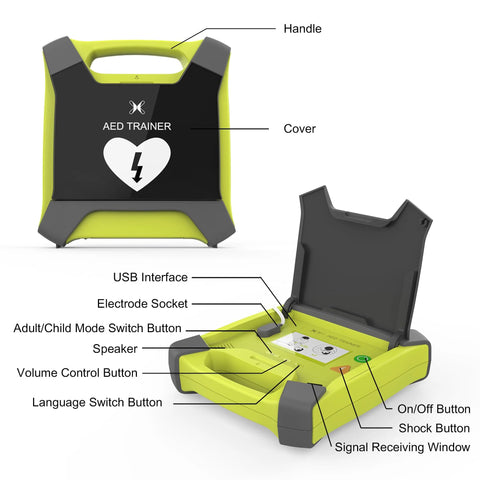 AED trainer device in lime green with a black cover, lid open, showing control panel and labeled buttons.
