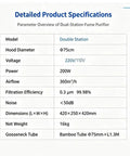 Detailed product specifications for Heavy Lift Dual Station Solder Fume Extractor With Four Stage Air Filtration And Quiet Brushless Motor Built With Two Bendable Gooseneck Ducts For Sharp Laser Etching And Garage Hobby Projects.