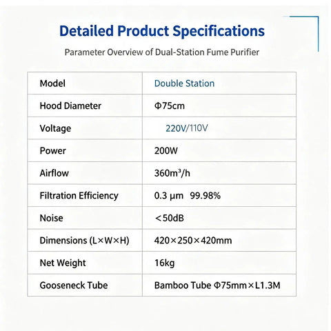 Detailed product specifications for Heavy Lift Dual Station Solder Fume Extractor With Four Stage Air Filtration And Quiet Brushless Motor Built With Two Bendable Gooseneck Ducts For Sharp Laser Etching And Garage Hobby Projects.