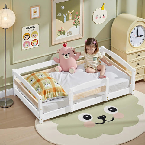 Toddler Floor Bed Frame With Safety Rails In White Finish Solid Wood Twin Size Low Profile Platform Bed For Kids Room