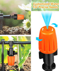 Orange nozzle from 250 Piece Quarter Inch Drip Irrigation Fittings Kit With Barbed Connectors in garden setup with green plants