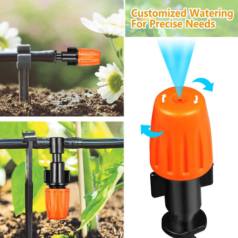 Orange nozzle from 250 Piece Quarter Inch Drip Irrigation Fittings Kit With Barbed Connectors in garden setup with green plants