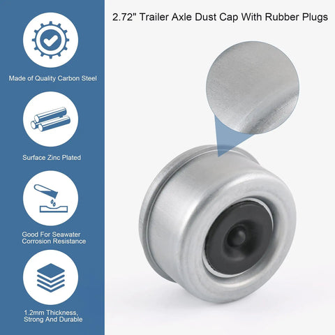 Two Pack 2.72 Inch Trailer Axle Wheel Hub Dust Cap And Bearing Grease Cover With Extra Rubber Plugs For Most 7000 To 8000 Pound Axles Zinc Plated Steel Anti Rust Durable Dust Cap close-up