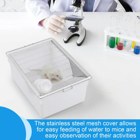 Heavy Duty Two Pack Lab Mouse Breeding Cages Spacious Plastic Rodent Housing with mesh cover for easy observation and feeding.