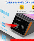 4G And WiFi POS Terminal With Android 12 scanning QR code, 8 Inch IPS Touch Screen showing NFC and barcode scanning capabilities