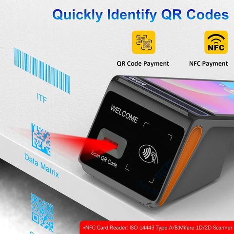 4G And WiFi POS Terminal With Android 12 scanning QR code, 8 Inch IPS Touch Screen showing NFC and barcode scanning capabilities