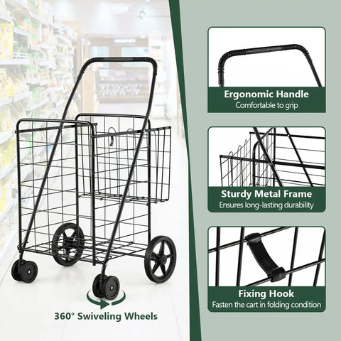 Jumbo Folding Shopping Cart On Swivel Wheels With Dual Basket, Heavy Duty Utility Cart with ergonomic handle and metal frame