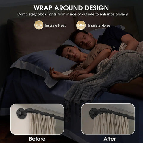 Extra Long 240 Inch Blackout Curtain Rod Built Tough For Indoor Outdoor Use Heavy Duty Industrial Adjustable Drapery Rod 1 Inch Diameter Room Darkening Window Treatment And Room Divider shown in darkened bedroom with wrap-around design.