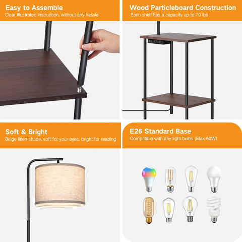Floor Lamp With Built In Table And Shelf End Table With Lamp Attached For Bedroom Or Living Room Type C Charging Port AC Outlet Remote Dimmer Four Color Lighting Options