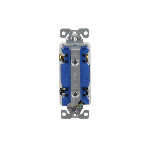 White 15 Amp 120 Volt 4 Way Decorator Switch With Backwire Clamps For 12 And 14 Gauge Wires Ultra Quiet Paddle And Ultrasonic Welded Strap And Body For Easy Install, front view