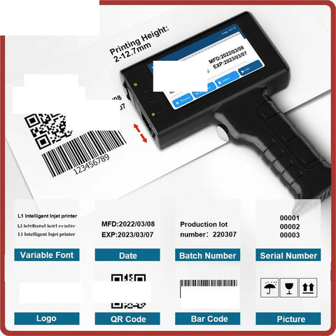 Cool Handheld Inkjet Printer For Glass Labeling printing QR codes and barcodes on a label with variable fonts.