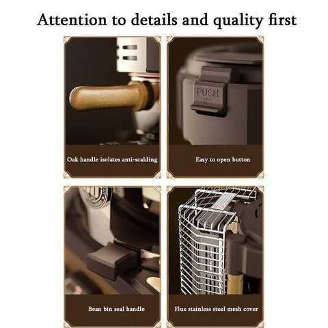 Top Tier Electric Coffee Bean Roaster With Vintage Look And Exact Temp Knobs For Hassle Free Home Roasting Using Quiet Fan Cooling And Multiple Heat Settings To Keep Your Morning Brew Game Fresh And On Point - detailed features including oak anti-scalding handle and flue mesh cover.