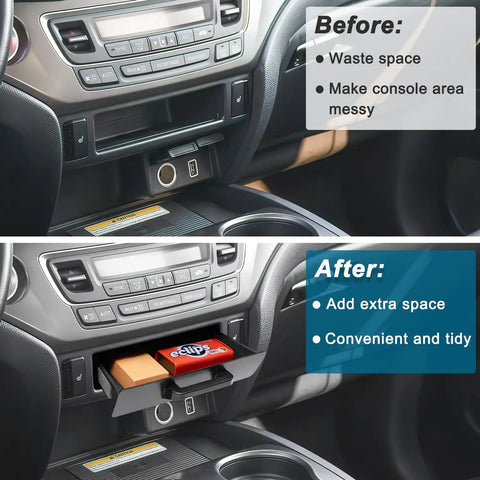 Before and after using the removable center console tray organizer for Honda Pilot 2016-2022 showing tidier storage