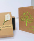 Brown gift box with 'especially for you' text and white flower, alongside a greeting card with tree design and 'just for you' message.