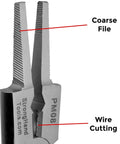 Close-up view of 8 Inch MIG Welding Pliers That Are A Real Handy Workhorse With Nozzle Cleaner Rounded Hammer Face Tempered Wire Cutter And Ergonomic Vinyl Coated Handle For Easy One Hand Operation And Low Fatigue PM08 showing coarse file and wire cutting features.