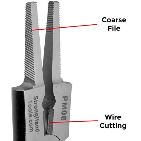 Close-up view of 8 Inch MIG Welding Pliers That Are A Real Handy Workhorse With Nozzle Cleaner Rounded Hammer Face Tempered Wire Cutter And Ergonomic Vinyl Coated Handle For Easy One Hand Operation And Low Fatigue PM08 showing coarse file and wire cutting features.