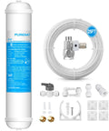 No Sweat Inline Water Filter Kit With Quick Connect Tubing And Feed Water Valve For Refrigerator Ice Maker RV Camper Boat Sweet Tasting Clean Drinking Water Setup with filter, tubing, and connectors.