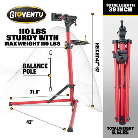 Heavy Duty E Bike Repair Stand With Beefy 110 Lb Capacity, Ultra Stiff 6070 Aluminum Frame, Red, Folded View