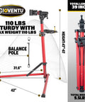 Heavy Duty Folding Bike Repair Stand With Adjustable Height And 360 Degree Clamp in red aluminum, folded and unfolded view