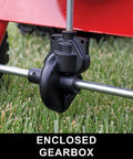 Close-up of the enclosed gearbox on the 85 Lb Tow Behind Broadcast Spreader With Direct Rod Control Wide 4 To 8 Ft Spread