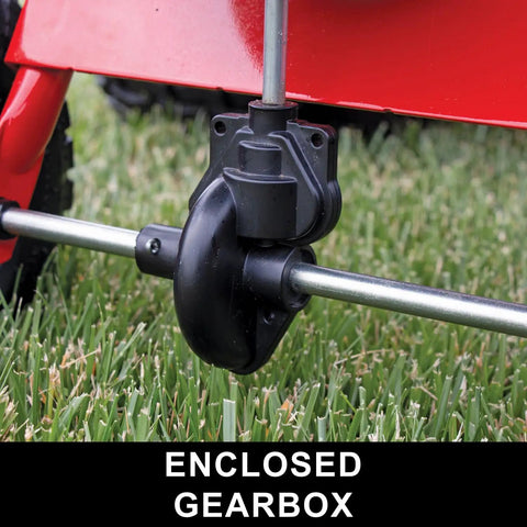 Close-up of the enclosed gearbox on the 85 Lb Tow Behind Broadcast Spreader With Direct Rod Control Wide 4 To 8 Ft Spread
