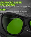 Heavy Duty Laser Safety Glasses Delivering Straight Up OD7 Plus Kick Against 800 To 1100 Nm Rays showing green lenses and black frame with laser protection details.