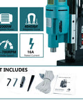 Heavy Duty Magnetic Drill Press, 2000W Motor With 16A Power For Metal Surface Drilling with features and kit components.