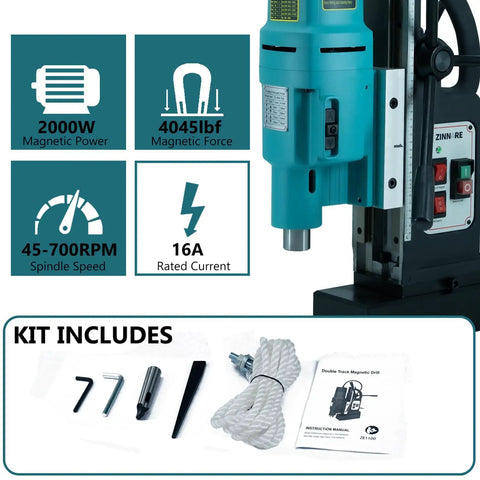 Heavy Duty Magnetic Drill Press, 2000W Motor With 16A Power For Metal Surface Drilling with features and kit components.