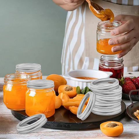 100 Count 70mm Regular Mouth Mason Jar Canning Rings Set, Leakproof Groove Fit, Tinplate Construction, Dishwasher Safe, Refrigerator to Microwave Ready, Perfect for Home Canning and Food Prep, with jars