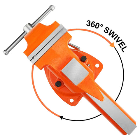 Orange Heavy Duty Bench Vise With Five Inch Jaw And Seven Inch Opening, 360 Degree Swivel Base With Anvil For Woodworking Pipes And Tubes.