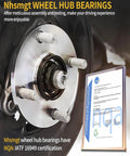 Close-up of a front wheel bearing hub assembly alongside an NQA certification document