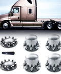 Chrome Front And Rear Wheel Cover Set For Semi Trucks With 33mm Screw On Lug Nut Covers And Install Tool displayed in front of truck