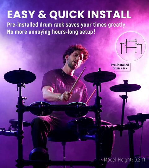 Person playing Polaris Drums Electric Drum Set With USB MIDI And Bluetooth Audio, Quiet Mesh Pads in a purple-lit room.