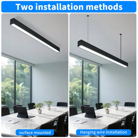 Bright 4 Foot LED Linear Light Fixture With 50W Dimmable And Linkable Design in surface mounted and hanging installations.
