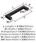 Dimensions of Monument Oil Rubbed Bronze Cabinet Pull 3-3/4 Inch Center-to-Center with 4-1/8 Inch Overall Length