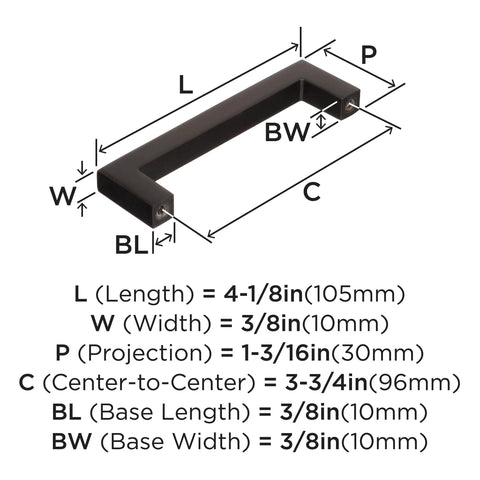 Dimensions of Monument Oil Rubbed Bronze Cabinet Pull 3-3/4 Inch Center-to-Center with 4-1/8 Inch Overall Length