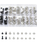 Top Shelf Computer Screws Assortment Kit Featuring 180 Nickel Plated Fasteners, organized in a clear box with black and silver screws.